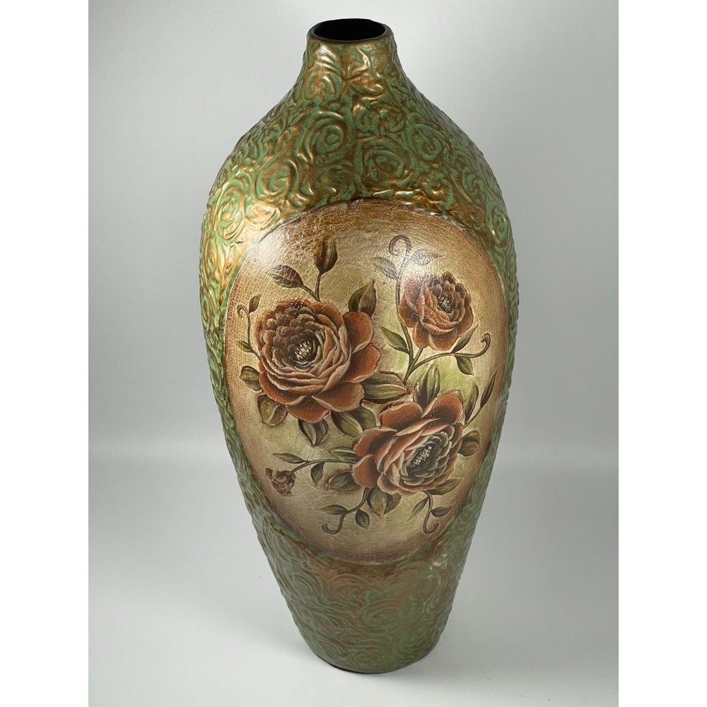 Huge 14"‎ x 5.5" Vintage Rose Tall Vase Green Gold